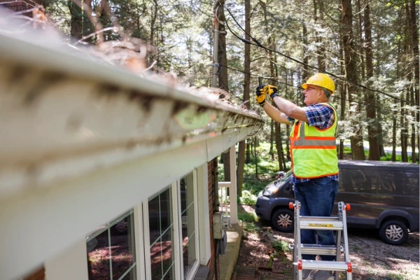 Crandall Roofing crew member in safety gear conducting an on-site roof assessment from a ladder