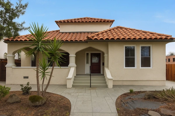 Spanish-style home with a completed clay tile roof replacement showcasing classic craftsmanship and curb appeal